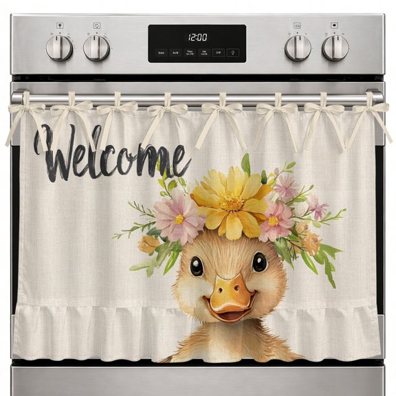 Farmhouse Oven Skirt Curtain Duck Flower Oven Curtain Tie Top Spring Cute Idyllic Garland Floral Stove Skirt Curtains with Ties&Ruffle Trim Dishwasher Skirts Curtains Cover for Cabinet 27"x20"