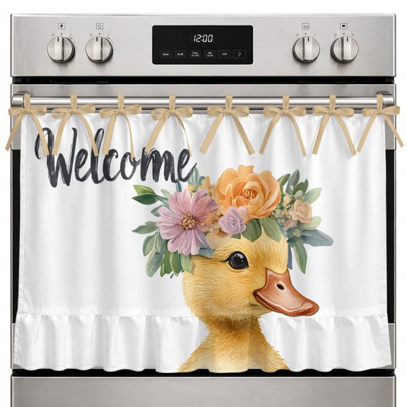 Farmhouse Oven Skirt Curtain Farm Duck Flower Oven Curtain Tie Top Wildflower Garden Motifs Floral Garland Stove Skirt Curtains with Ties&Ruffle Trim Dishwasher Skirts Curtains for Cabinet 27"x20"