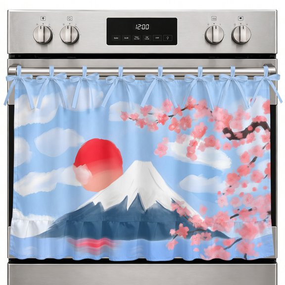 Farmhouse Oven Skirt Curtain Flowers Mountain Oven Curtain Tie Top Spring Sun Floral Nature Scenery Stove Skirt Curtains with Ties&Ruffle Trim Dishwasher Skirts Curtains Cover for Cabinet 27"x20"