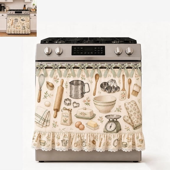 Farmhouse Oven Skirt Curtain with Kitchen Decor with Ribbon Ties Stove Cover Skirt with Lace Ruffle Trim,Rustic Decorative Oven Door Curtain Kitchen, Dishwasher Range