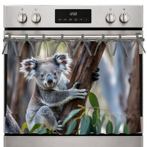Farmhouse Oven Skirt Curtain Koala Oven Curtain Tie Top Grey Modern Art Forest Stove Skirt Curtains with Ties&Ruffle Trim Dishwasher Skirts Curtains Cover for Cabinet Kitchen Sink 30"x21.5"