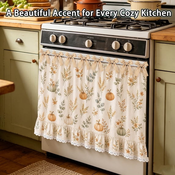 Farmhouse Oven Skirt Curtain with Lace Ruffle Boho Floral & Greenery Cotton Blend Stove Cover Kitchen Appliance Cover Stove Skirt Curtain Decorative Kitchen Accessory for Cottage Kitchen