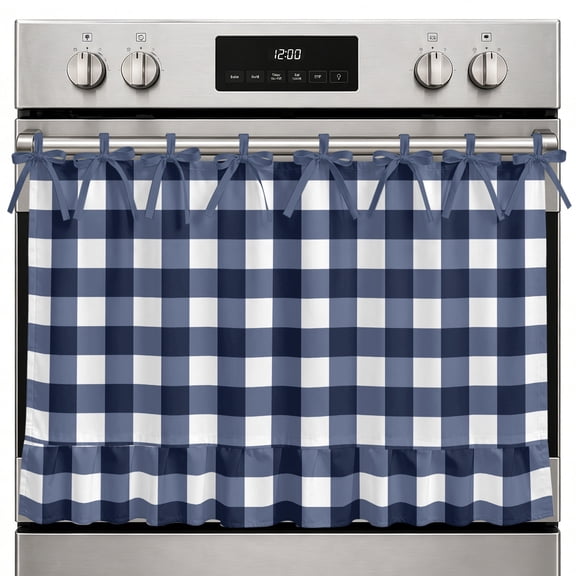 Farmhouse Oven Skirt Curtain Navy Blue Check Oven Curtain Tie Top Farmhouse Buffalo Plaid Blue Stove Skirt Curtains with Ties&Ruffle Trim Dishwasher Skirts Curtains Cover for Cabinet 30"x21.5"