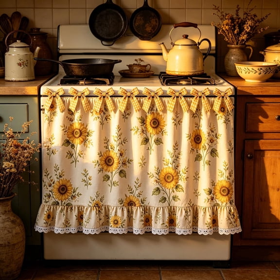 Farmhouse Oven Skirt Stove Curtain with Lace Ruffle Trim, Cotton Blend Tie On Oven Curtain Cover with Ribbon Ties, Rustic Cottage Kitchen Decor Appliance Curtain
