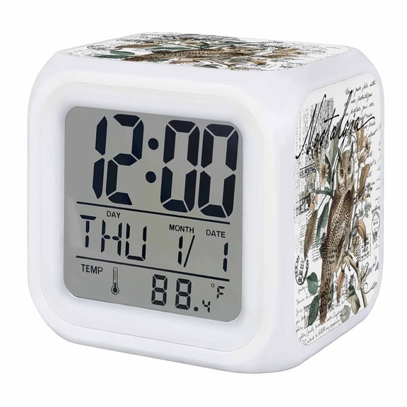 Farmhouse Owl Digital Alarm Clock for Bedrooms, Smart LED Alarm Clock with 7 Color Changing Night Light, Country Envelope Postmark Botancial Silent Wake Up Clocks for Sleep Study Cooking 3.2"x3.2"