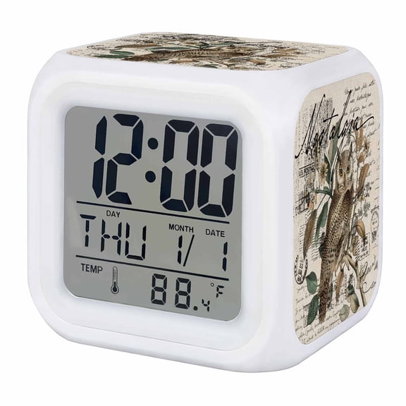 Farmhouse Owl Digital Alarm Clock for Bedrooms,Smart LED Alarm Clock with 7 Color Night Light,Country Envelope Postmark Rustic Botancial Silent Wake Up Clocks for Sleep Study Cooking 3.2"x3.2"