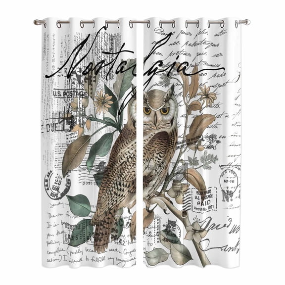 Farmhouse Owl Kitchen Curtains 84 Inch Length, Country Envelope Postmark Botancial Grommet Top Bedroom Living Room Curtains, Light Filtering Cafe Curtain Drapes 2 Panels Set 84''x84''