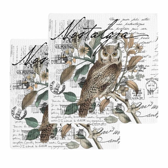 Farmhouse Owl Kitchen Dish Towels for Drying Dishes Set of 2, Country Envelope Postmark Botancial Waffle Weave Microfiber Hand Tea Bathroom Towels Quick Dry & Absorbent Towel 12x12