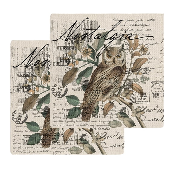 Farmhouse Owl Kitchen Dish Towels for Drying Dishes Set of 2, Country Envelope Postmark Rustic Botancial Waffle Weave Microfiber Hand Tea Bathroom Towels Quick Dry & Absorbent Towel 12x12