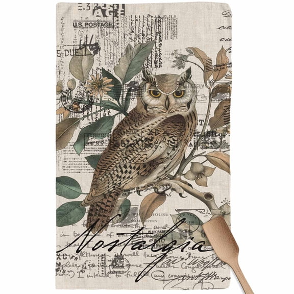 Farmhouse Owl Kitchen Towel Dish Cloths Set of 1, Microfiber Soft Kitchen Hand Towels, Country Envelope Postmark Rustic Botancial Absorbent Quick Drying Dishcloths 18 x 28 Inches