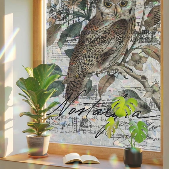 Farmhouse Owl Privacy Window Film, Decorative Stained Glass Window Film, Country Envelope Postmark Rustic Botancial Resuable Rainbow Static Cling for Home Bathroom Living Room Glass Door 17.7"x39.3"