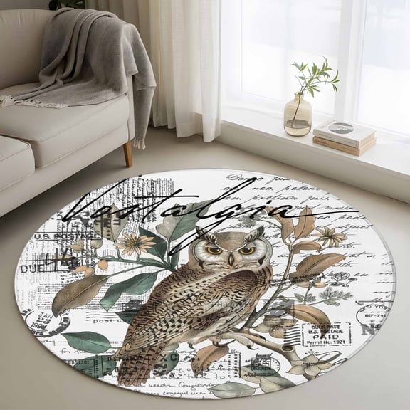Farmhouse Owl Round Area Rug 3.3 FT, Non Slip Small Entryway Kitchen Mat, Country Envelope Postmark Botancial Washable Soft Circular Rug Non-Shedding Door Mat for Bathroom Playroom Kids Room