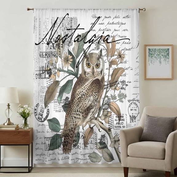 Farmhouse Owl Sheer Curtains 96 Inches Long, Country Envelope Postmark Botancial Light Filering Curtains, Privacy Drapes Simi Floor to Veiling Curtain for Living Room Bedroom Large Window Treatment