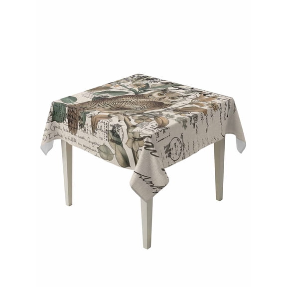 Farmhouse Owl Table Cloth, Country Envelope Postmark Rustic Botancial Waterproof Tablecloth for Square Tables, Reusable Washable Fabric Table Cover for Restaurant Kitchen Dining Tables 60"x60"