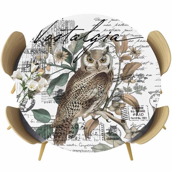 Farmhouse Owl Table Cloth, Round Fitted Tablecloths with Elastic Edge, Country Envelope Postmark Botancial Wipeable Waterproof Table Cover for Kitchen Wedding 36-44 Inches