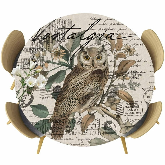 Farmhouse Owl Table Cloth, Round Fitted Tablecloths with Elastic Edge, Country Envelope Postmark Rustic Botancial Wipeable Waterproof Table Cover for Kitchen Wedding 36-44 Inches