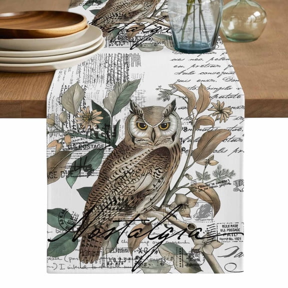 Farmhouse Owl Table Runner, Country Envelope Postmark Botancial Washable Cotton Linen Table Runners 36 Inches Long, Dresser Scarf Runner for Nightstand/End Tables/Round Tables 13''x36''