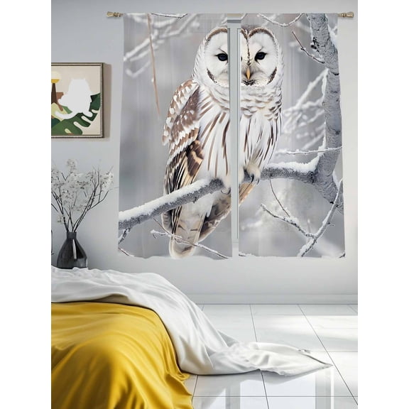 Farmhouse Owl on Tree Branch Chiffon Sheer Curtains 63 Inches Long Winter Bird Natural Scenery Rod Pocket Window Curtains Voile Drapes Curtains for Living Room Bedroom,2 Panels