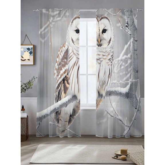 Farmhouse Owl on Tree Branch Chiffon Sheer Curtains 84 Inches Long Winter Bird Natural Scenery Rod Pocket Window Curtains Voile Drapes Curtains for Living Room Bedroom,2 Panels