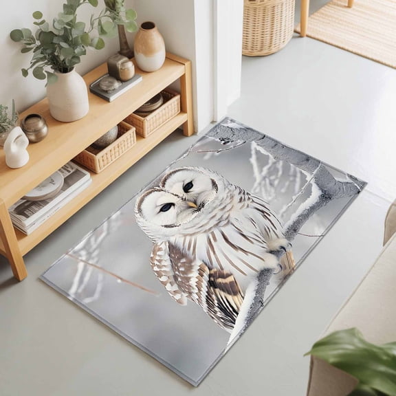 Farmhouse Owl on Tree Branch Rectangle Rug 2'x3' Winter Bird Natural Scenery Washable Area Rugs for Living Room Bedroom Entryway Non Slip Entrance Door Mat Indoor Floor Carpet