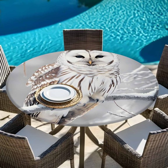 Farmhouse Owl on Tree Branch Round Fitted Tablecloth with Elastic Edge,Waterproof Table Cloth Fits Tables Up to 45"-54",Wipeable Table Cover for Indoor Outdoor Dinning,Winter Bird Natural Scenery