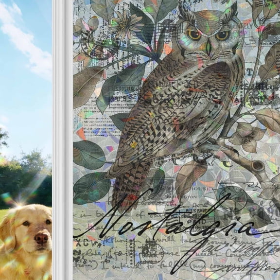 Farmhouse Owl Window Privacy Film Stain Glass,Reusable Decorative Rainbow Window Film,Country Envelope Postmark Rustic Botancial Static Cling Sun Blocking Stickers Decals Covers 17.7" x 39.3" (2pcs)