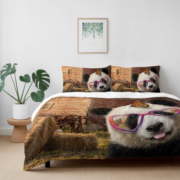 Farmhouse Panda Butterfly California King Size Bed Set,Retro Country Wood Barn Animal Bedding for All Seasons,4 Pcs Bed Set with 1 Quiltcover (96"x104"),1 Sheet (110"x98"),2 Pillowcases (20"x36")