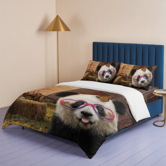Farmhouse Panda Butterfly Queen Size Bed Set,Retro Country Wood Barn Animal Bedding for All Seasons,4 Pcs Bed Set,1 Quiltcover (90"x90"),1 Sheet (90"x102"),2 Pillowcases (20"x30")