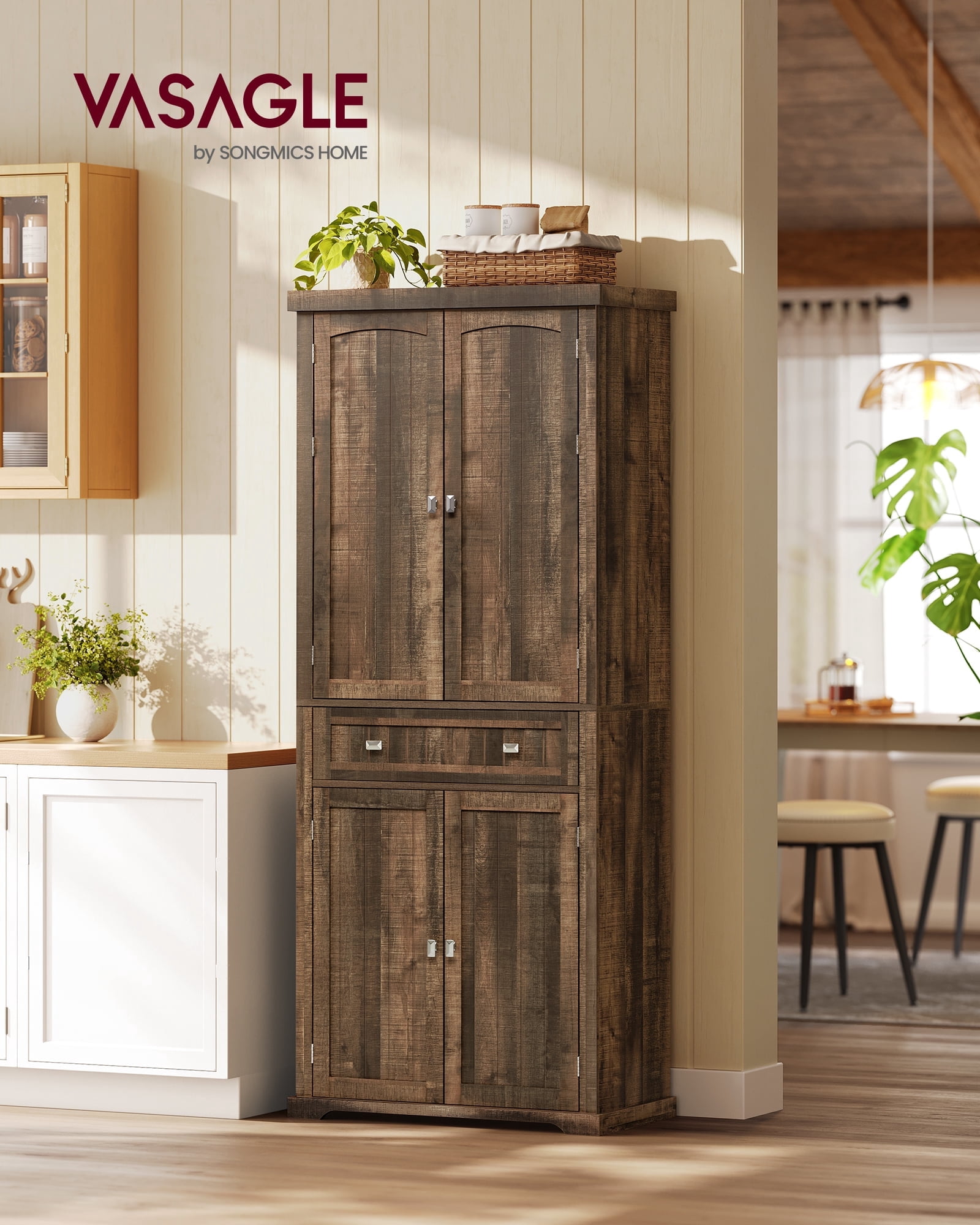 VASAGLE Pantry Cabinet, 15.7 x 30 x 71.7 Inches, Freestanding Tall Cupboard Storage Cabinet with a Drawer, 2 Cabinets, 6 Adjustable Shelves, for Living Room, Kitchen, Deep Brown