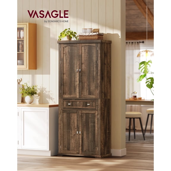 VASAGLE Pantry Cabinet, 15.7 x 30 x 71.7 Inches, Freestanding Tall Cupboard Storage Cabinet with a Drawer, 2 Cabinets, 6 Adjustable Shelves, for Living Room, Kitchen, Deep Brown