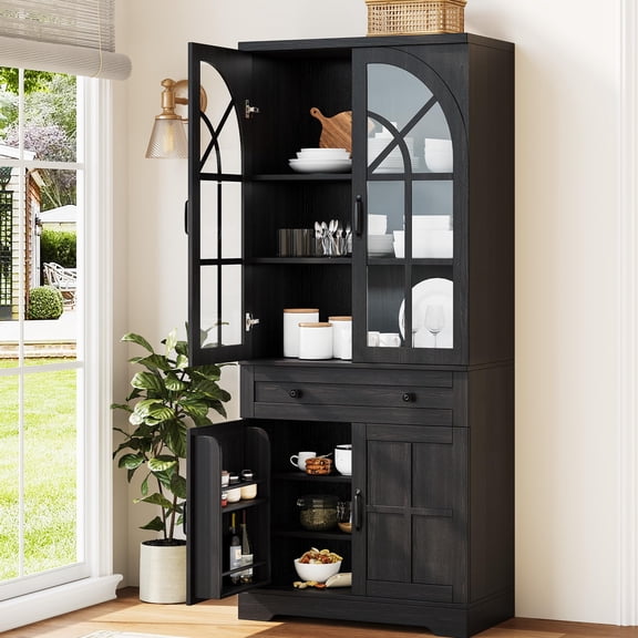 Farmhouse Pantry Cabinet, 71.9" Tall Freestanding Kitchen Cabinet with Tempered Glass Doors& Anti-Tip Design for Kitchen, Dining Room & Living Room,Black