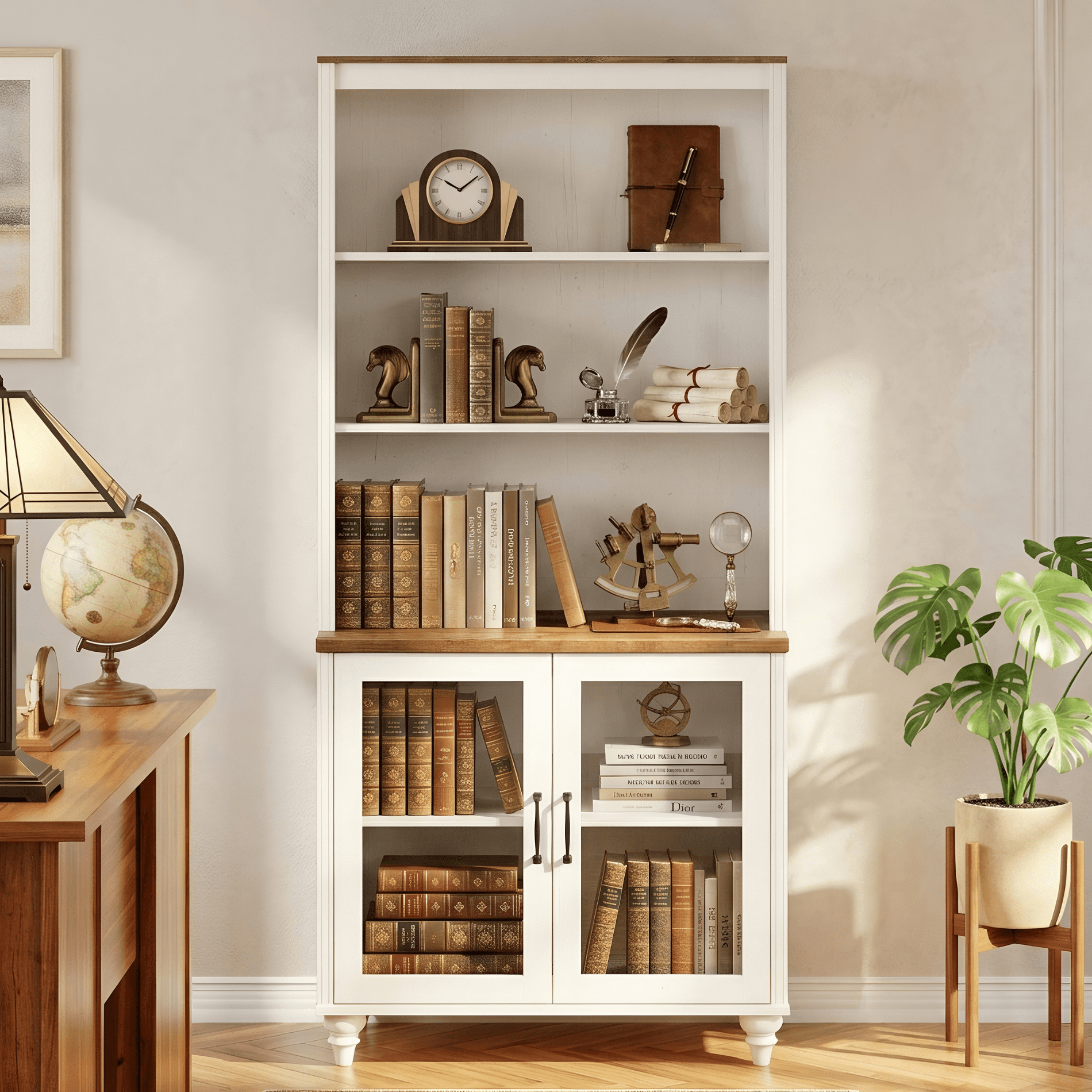 Farmhouse Pantry Cabinet, Dining Hutch with Glass Doors and Adjustable Shleves, Mid-Century Modern Pantry Storage for Kitchen, Living Room, Home Office, White