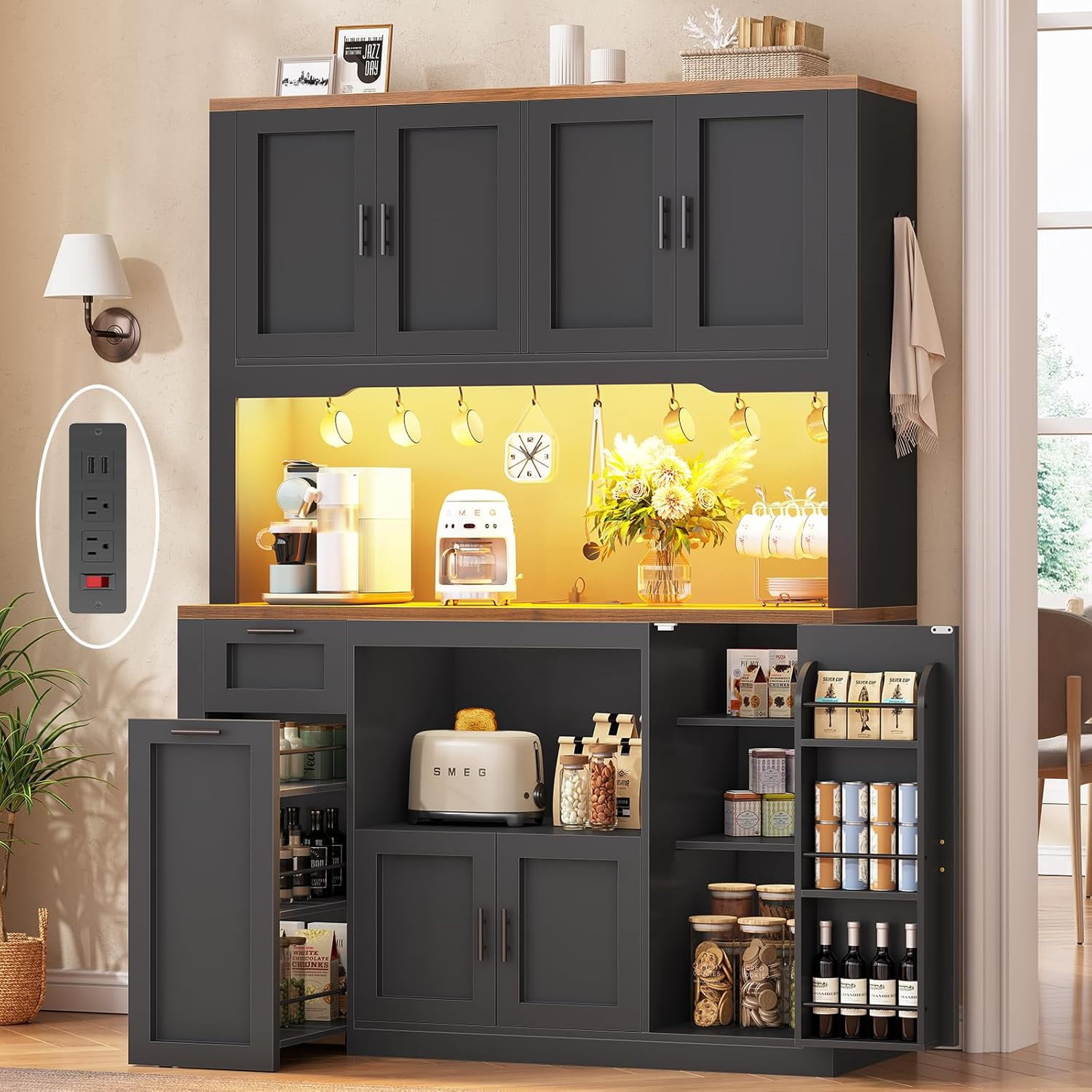 Farmhouse Pantry Cabinet, Tall Kitchen Pantry Storage Cabinet with Power Outlets & Microwave Stand, 47.3" Wide Large Kitchen Cabinet with Drawer, Storage Cart & 3 Door Shelves for Dining Room, Black