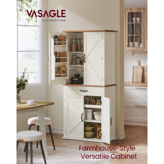 Farmhouse Pantry Cabinet with Barn Doors & Adjustable Shelves - 70.3" Tall Kitchen Storage Organizer with Drawer & Pull-Out Tray, Rustic White