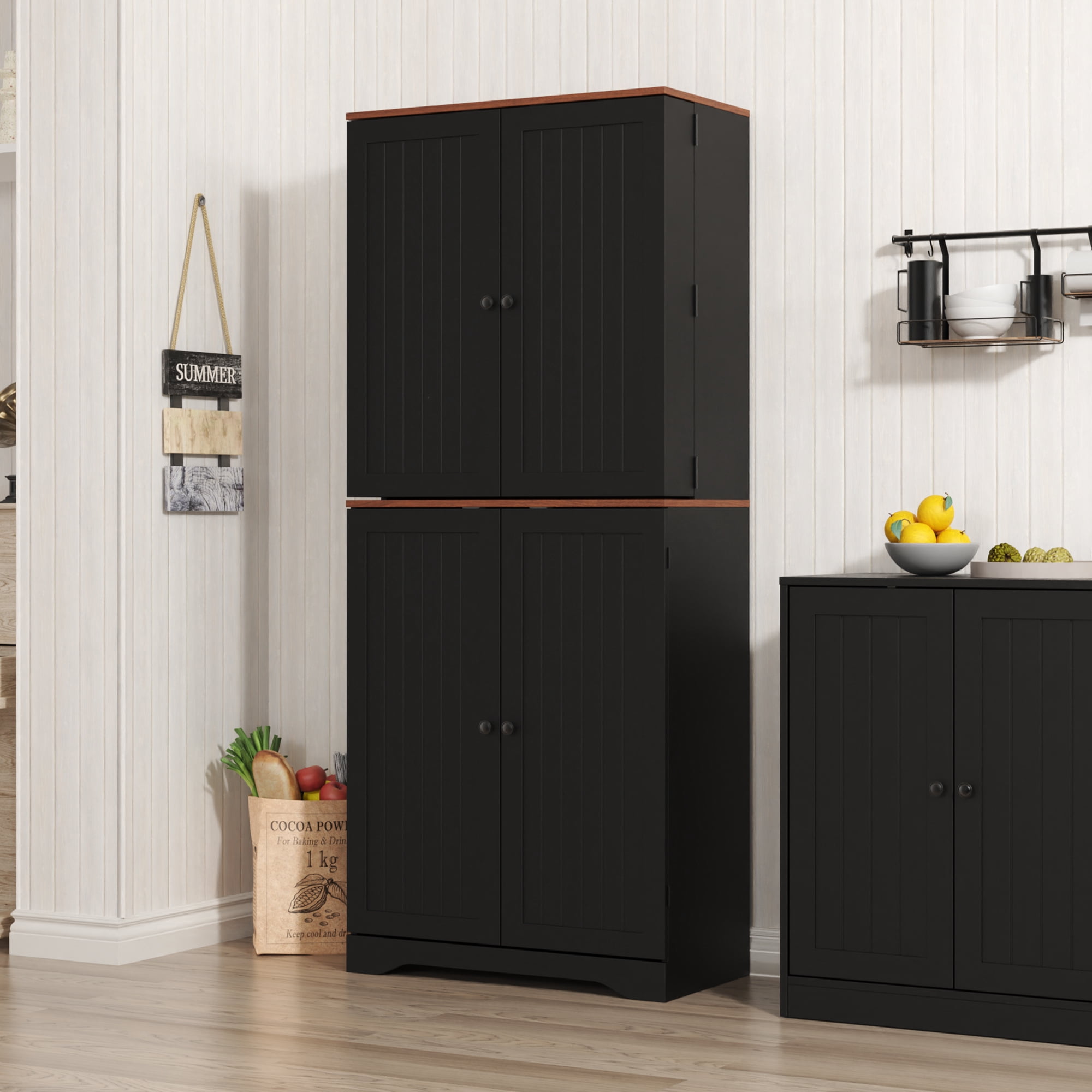 Farmhouse Pantry Storage Cabinet, 72" Tall Kitchen Pantry with Doors Organizer, Freestanding Cupboard with Adjustable Shelves, Rustic Buffet Cabinet for Kitchen, Dining Room, Bathroom, Black