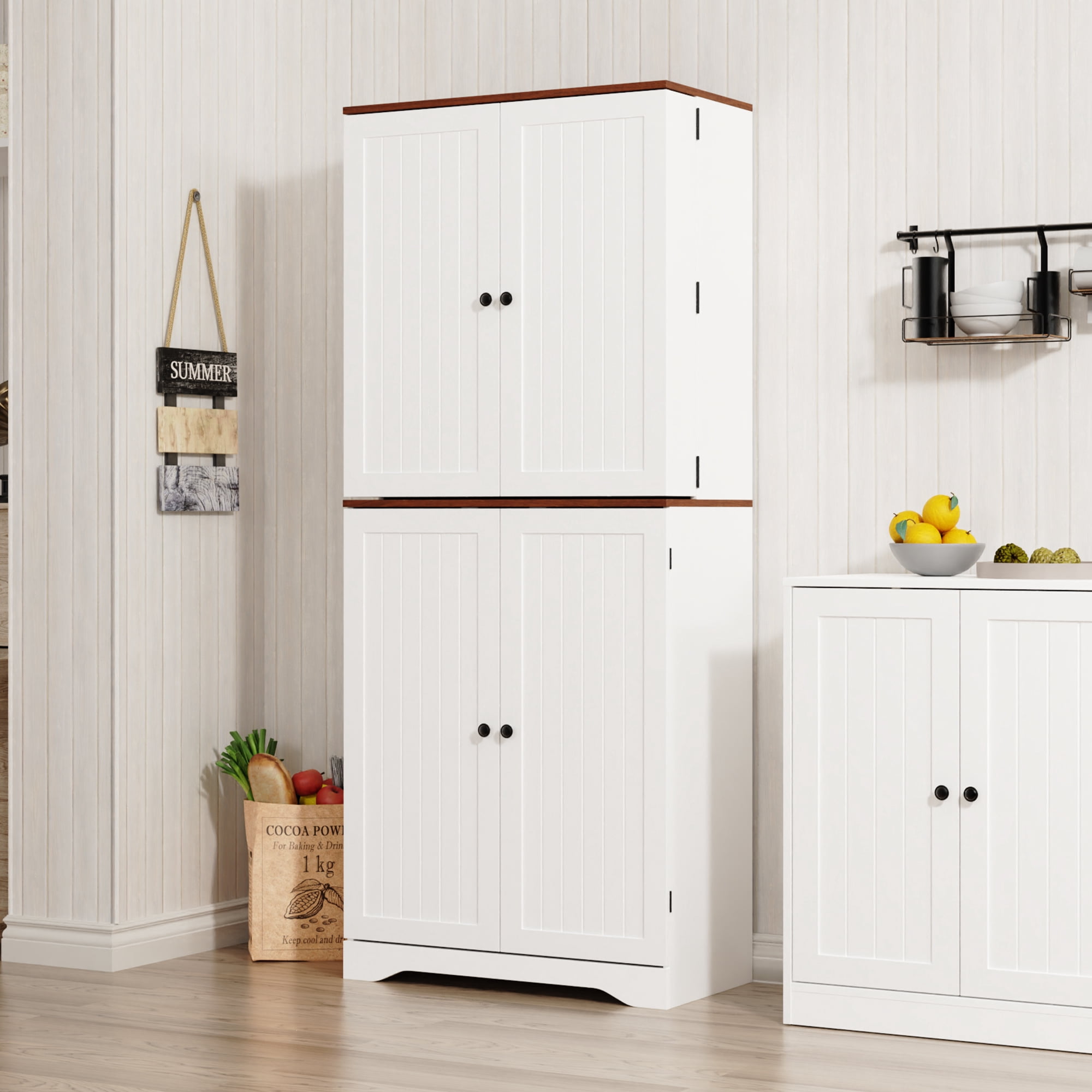 Farmhouse Pantry Storage Cabinet, 72" Tall Kitchen Pantry with Doors Organizer, Freestanding Cupboard with Adjustable Shelves, Rustic Buffet Cabinet for Kitchen, Dining Room, Bathroom, White
