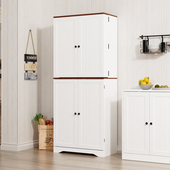 Farmhouse Pantry Storage Cabinet, 72" Tall Kitchen Pantry with Doors Organizer, Freestanding Cupboard with Adjustable Shelves, Rustic Buffet Cabinet for Kitchen, Dining Room, Bathroom, White