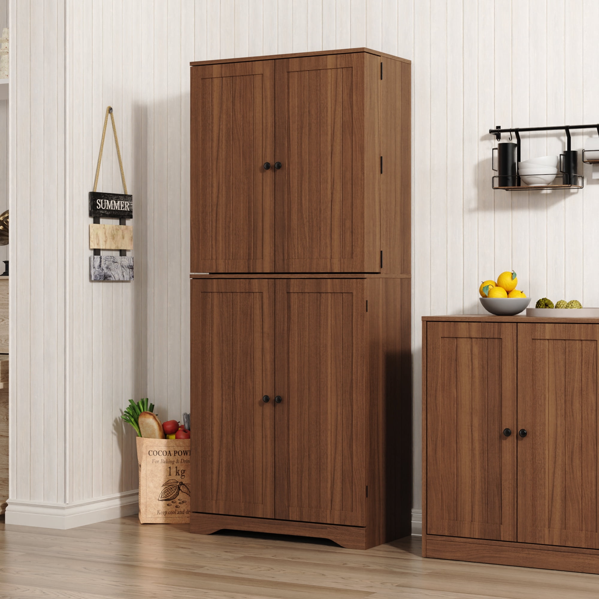 Farmhouse Pantry Storage Cabinet, 72" Tall Kitchen Pantry with Doors Organizer, Freestanding Cupboard with Adjustable Shelves, Rustic Buffet Cabinet for Kitchen, Dining Room, Bathroom, Oak