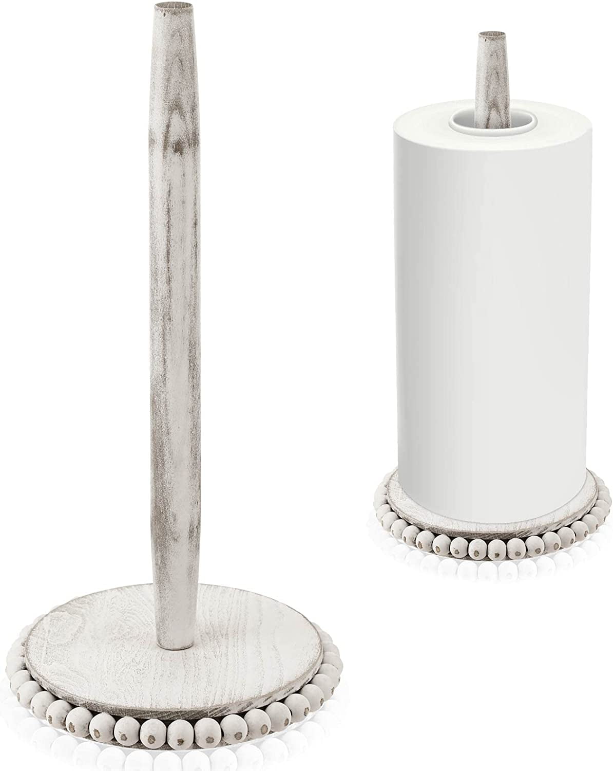 Farmhouse Paper Towel Holder Countertop Wood Rustic Paper Towel Roll Holder Stand Organizer Farmhouse Boho Table Decor Accessories for Home Kitchen Bathroom(Distressed White)