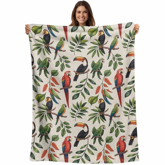 Farmhouse Parrots Blanket Soft Cozy Warm Throw Blanket for Couch, Plush Fuzzy Flannel Fleece Blankets for Sofa, Spring Summer Botanical Leaves Burlap Bed Blankets Lightweight Gifts for Women, 40"x50"