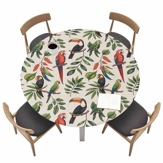 Farmhouse Parrots Fitted Tablecloth with Elastic Edged, Round Table Cloth for Dining Table, Spring Summer Botanical Leaves Burlap Waterproof Oil Proof Table Cover for Indoor Outdoor 55"-60"