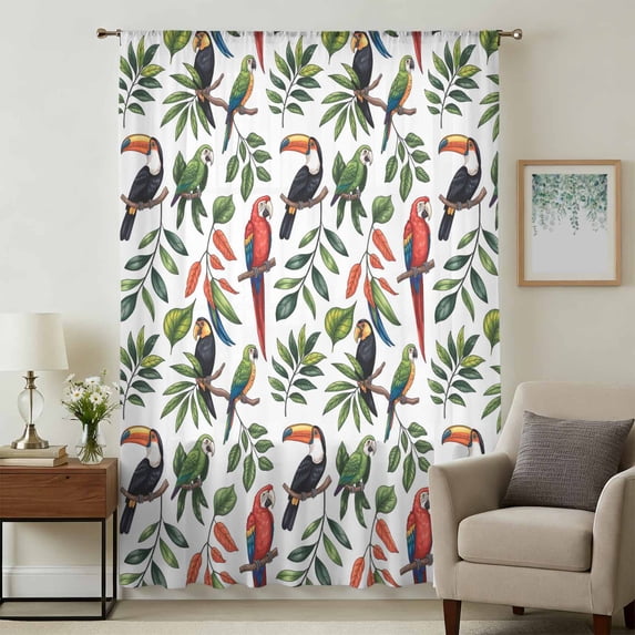 Farmhouse Parrots Sheer Curtains 96 Inches Long, Spring Summer Botanical Leaf Watercolor Light Filering Curtains, Privacy Drapes Simi Floor to Veiling Curtain for Living Room Bedroom Window Treatment