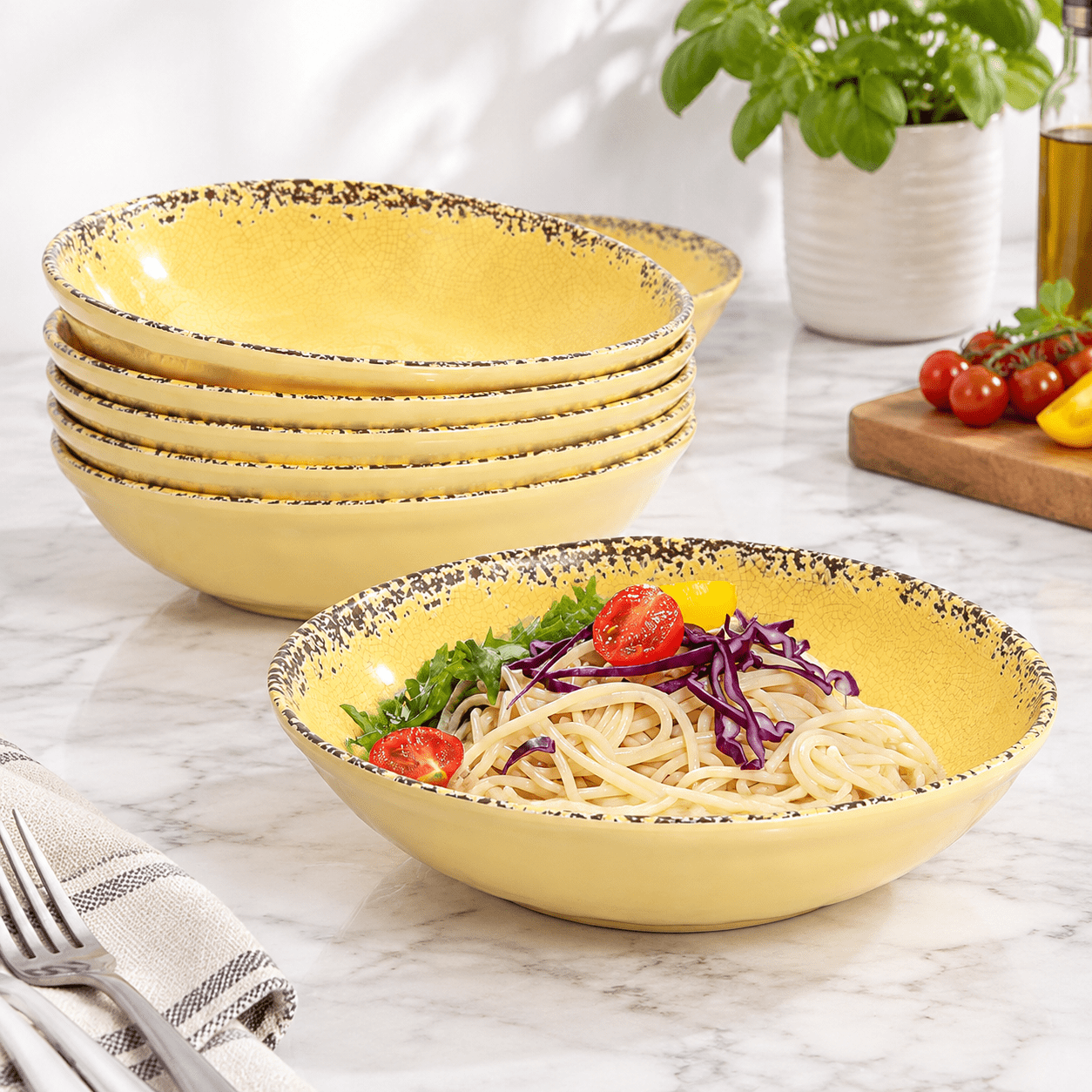 Noodle Making Rustic Farmhouse Pasta Set 42 Oz Large Salad 9.25 Inch 6 Piece Soup Wide And ...