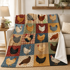 Farmhouse Patchwork Hen Blanket, Soft Lightweight Flannel Throw with Rustic Chicken Blocks, Plaid Prints and Floral Country Art for Sofa Bed Decor, 30 x 40 in