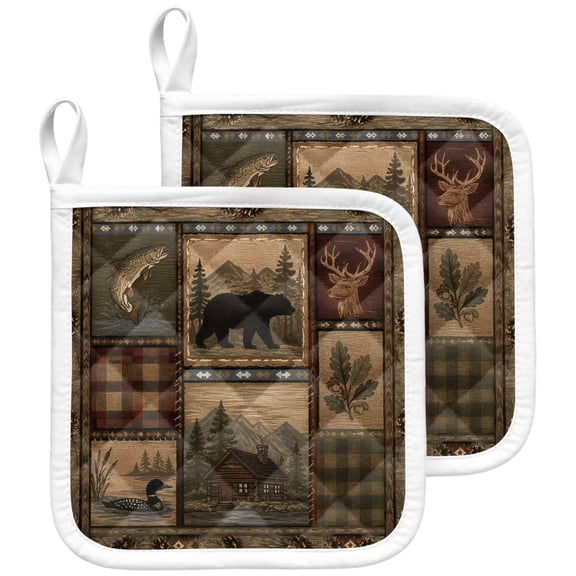 Farmhouse Patchwork Pot Holders for Kitchen Heat Insulation Potholder,Kitchen Pot Holders Sets Washable Oven Hot Pads Terry Cloth Trivet for Cooking Country Vintage Rustic Forest Mountains 2 Pack