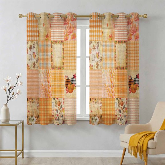 Farmhouse Patchwork Sheer Curtains 54 Inch Long 2 Panels, Fall Harvest Orange Pumpkin Maple Leaf Plaid Light Filtering Semi Sheer Drapes Grommet Voile Window Curtain for Living Bedroom W42 x L54