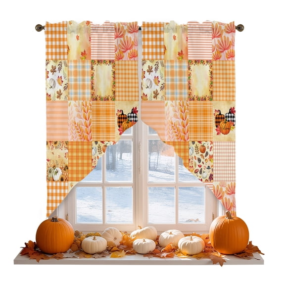 Farmhouse Patchwork Swag Curtain Valances for Kitchen, Fall Harvest Pumpkin Maple Leaf Sunflower Plaid Rod Pocket Curtains Window Treatment Swag Valance for Bedroom Bathroom, 2 Panels 36 x 63 Inch