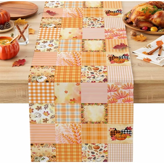 Farmhouse Patchwork Table Runner, Fall Harvest Pumpkin Maple Leaf Sunflower Plaid , Table Runner for Dining Table Decor, 13" x 48"