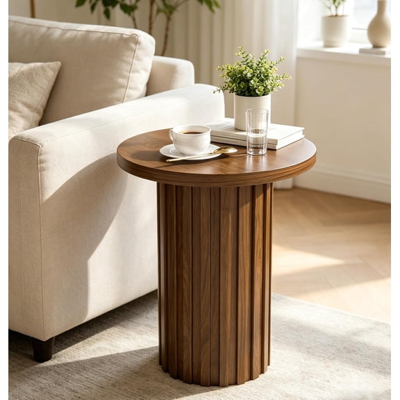 Farmhouse Pedestal End Table Round Side Table with Fluted Panel Rustic Drink Table for Small Space Living Room (Walnut)