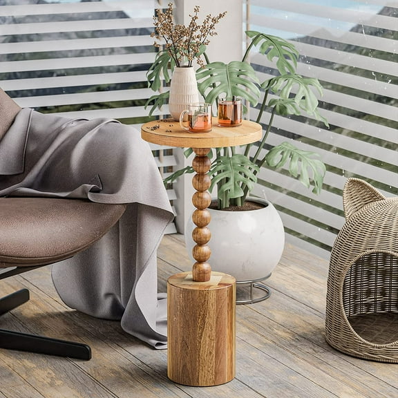 Farmhouse Pedestal End table, Rustic Wood Drink Table with Base, Round Martini Table for Small Space Living Room, Bedroom, Natural Wood Color